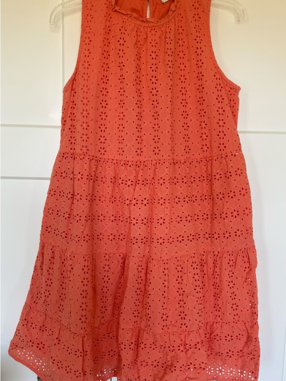 LOFT Coral Eyelet Sleeveless Tiered Dress